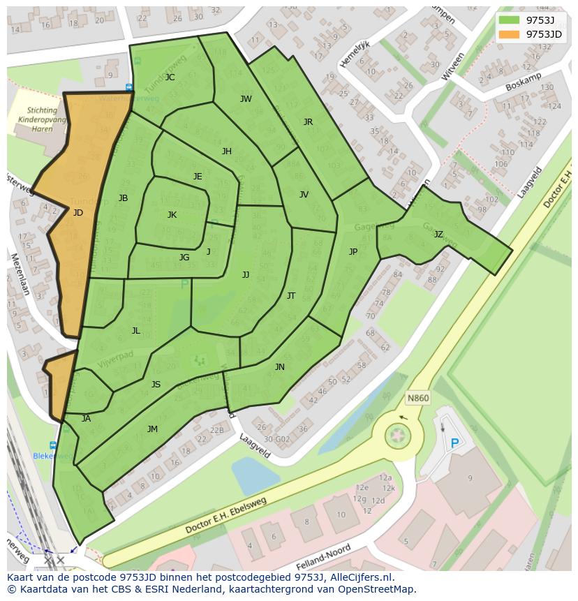 Afbeelding van het postcodegebied 9753 JD op de kaart.