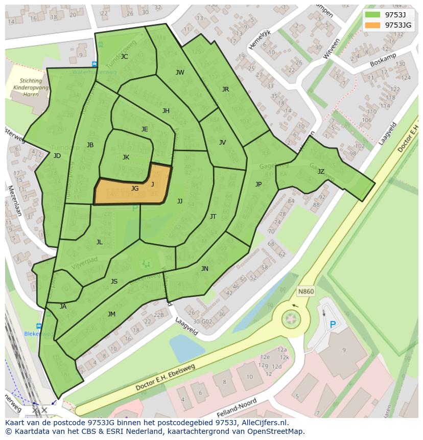 Afbeelding van het postcodegebied 9753 JG op de kaart.