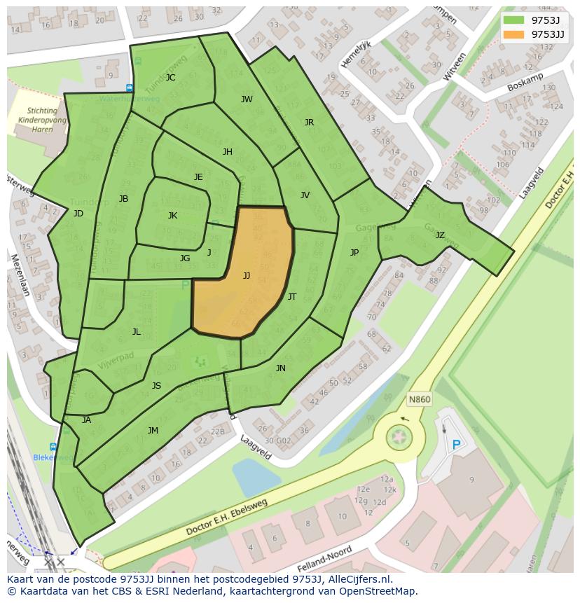Afbeelding van het postcodegebied 9753 JJ op de kaart.