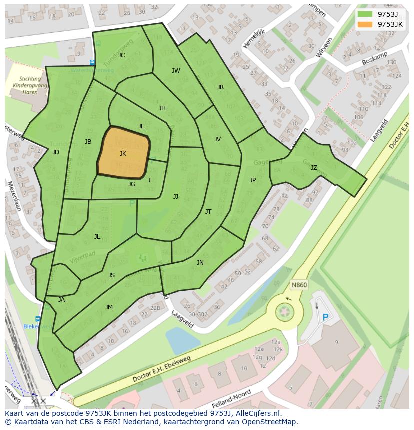 Afbeelding van het postcodegebied 9753 JK op de kaart.