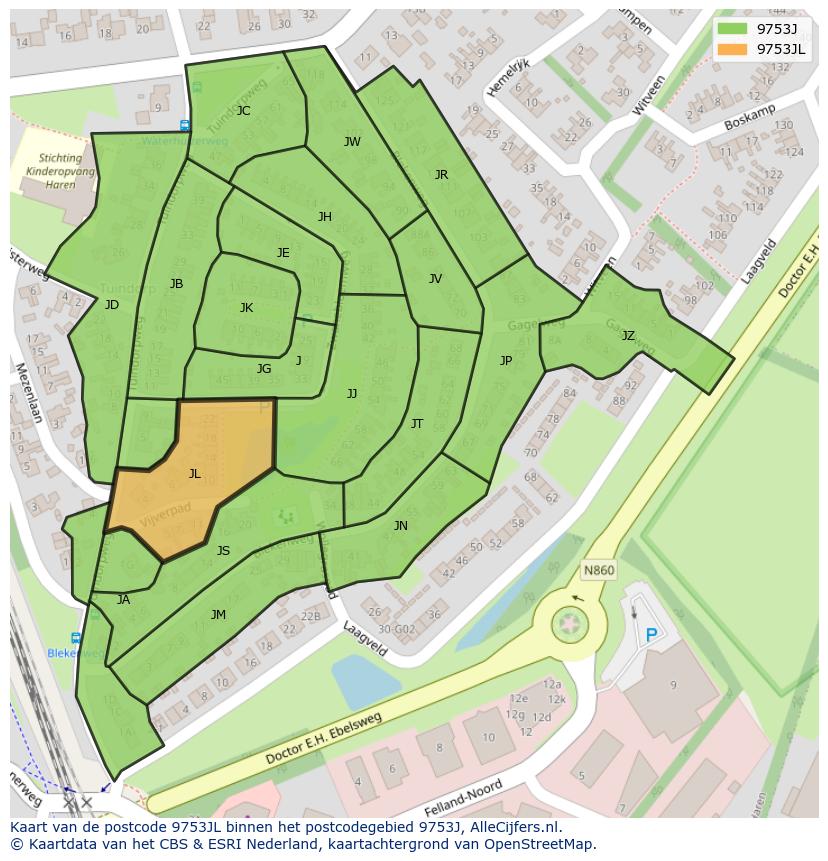Afbeelding van het postcodegebied 9753 JL op de kaart.