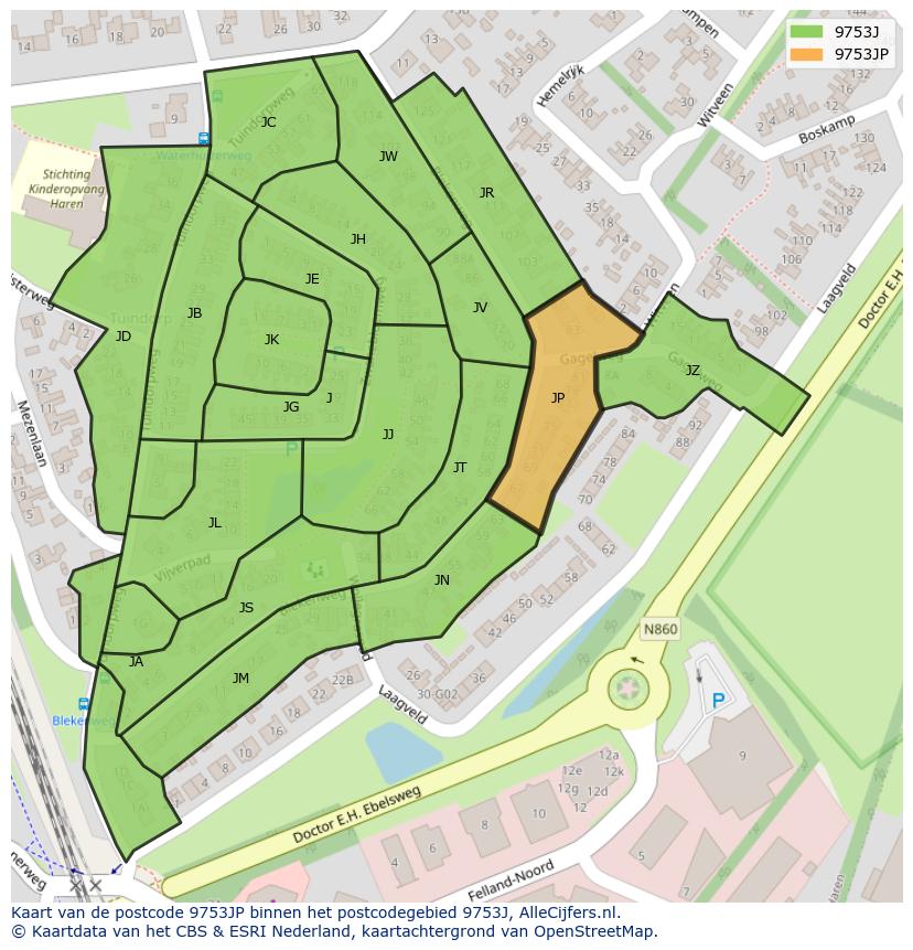 Afbeelding van het postcodegebied 9753 JP op de kaart.