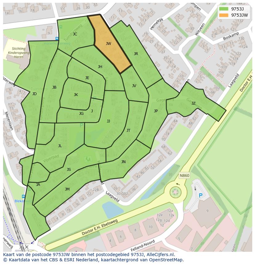 Afbeelding van het postcodegebied 9753 JW op de kaart.