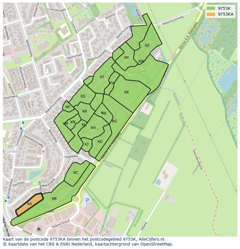 Afbeelding van het postcodegebied 9753 KA op de kaart.
