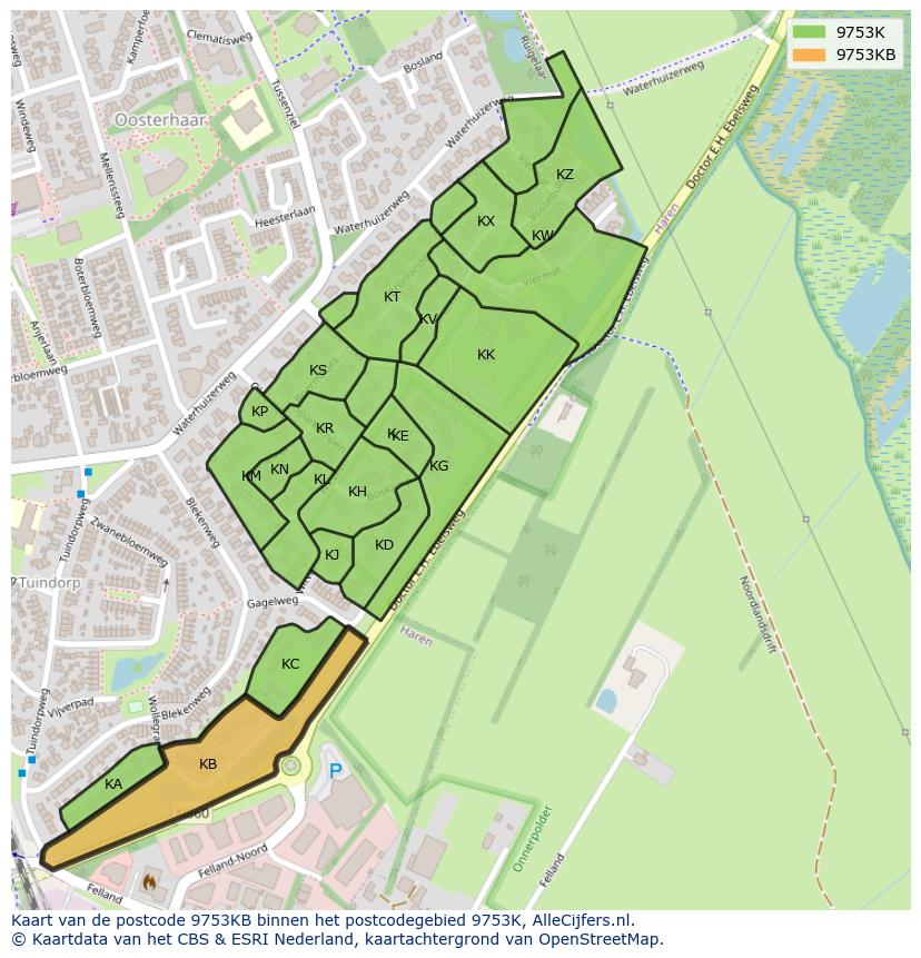 Afbeelding van het postcodegebied 9753 KB op de kaart.