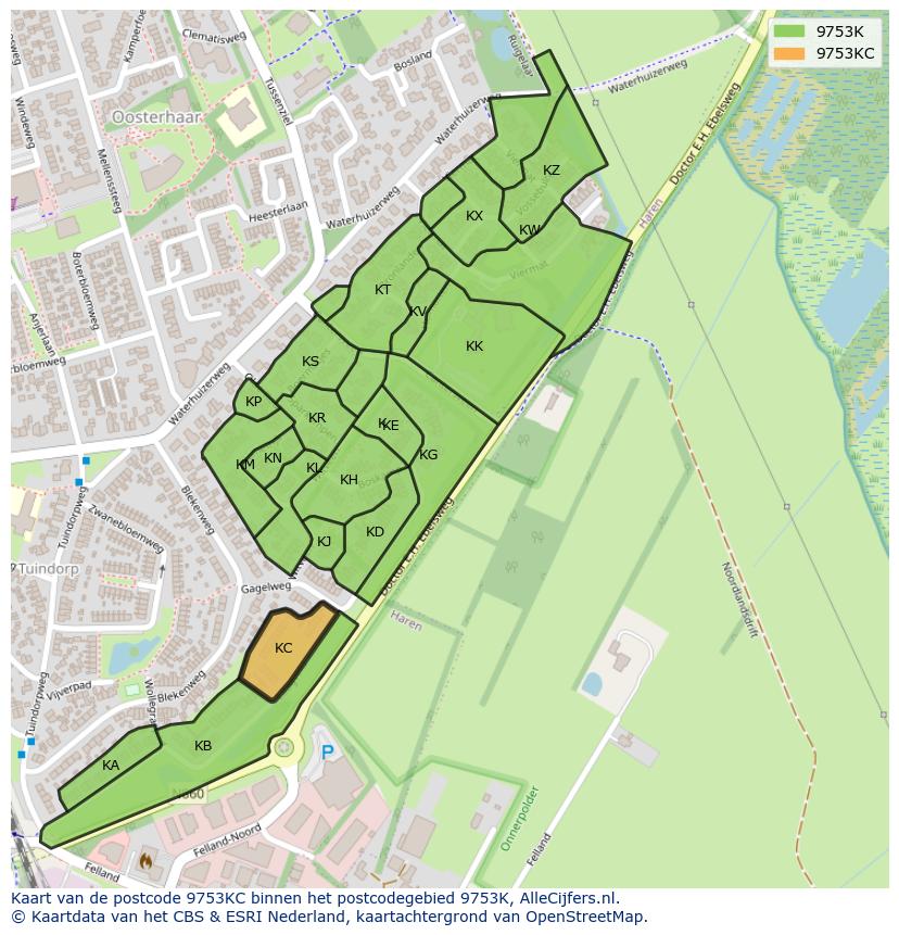 Afbeelding van het postcodegebied 9753 KC op de kaart.