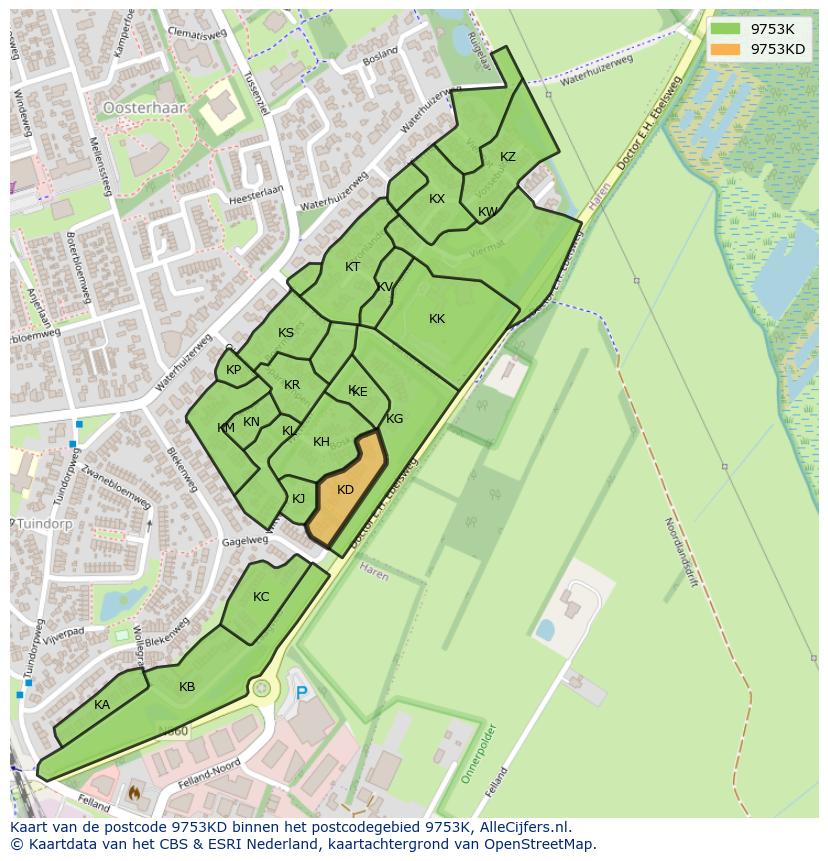 Afbeelding van het postcodegebied 9753 KD op de kaart.