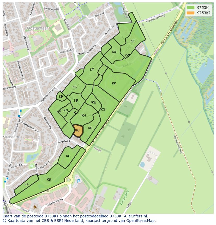 Afbeelding van het postcodegebied 9753 KJ op de kaart.