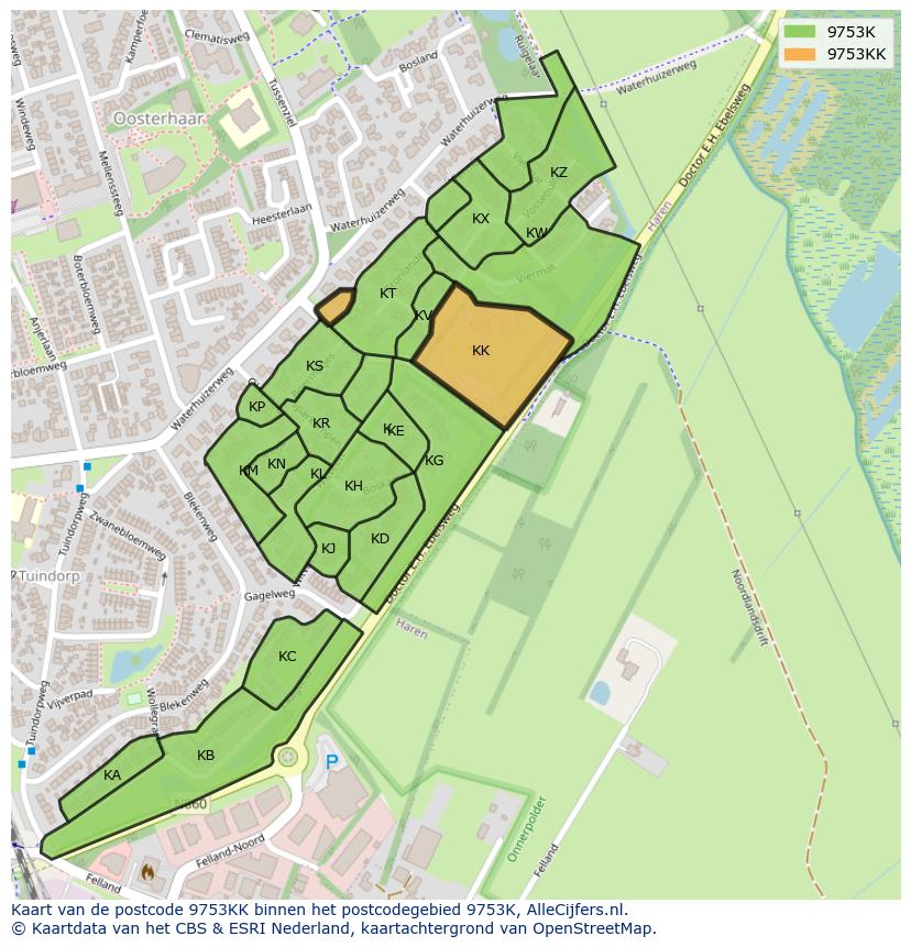 Afbeelding van het postcodegebied 9753 KK op de kaart.