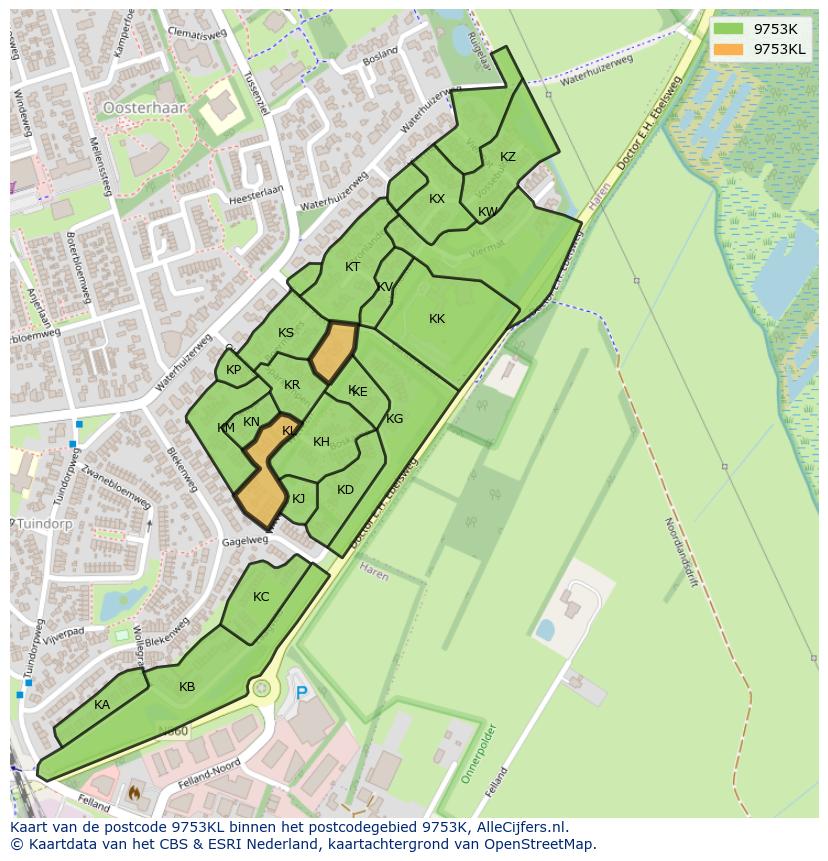Afbeelding van het postcodegebied 9753 KL op de kaart.