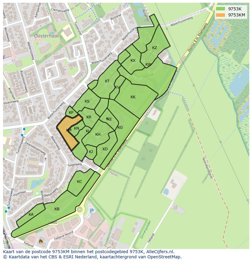 Afbeelding van het postcodegebied 9753 KM op de kaart.