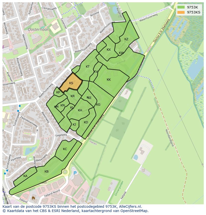 Afbeelding van het postcodegebied 9753 KS op de kaart.