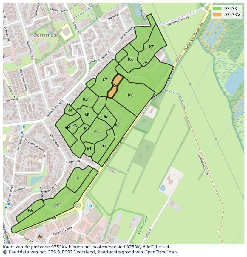 Afbeelding van het postcodegebied 9753 KV op de kaart.