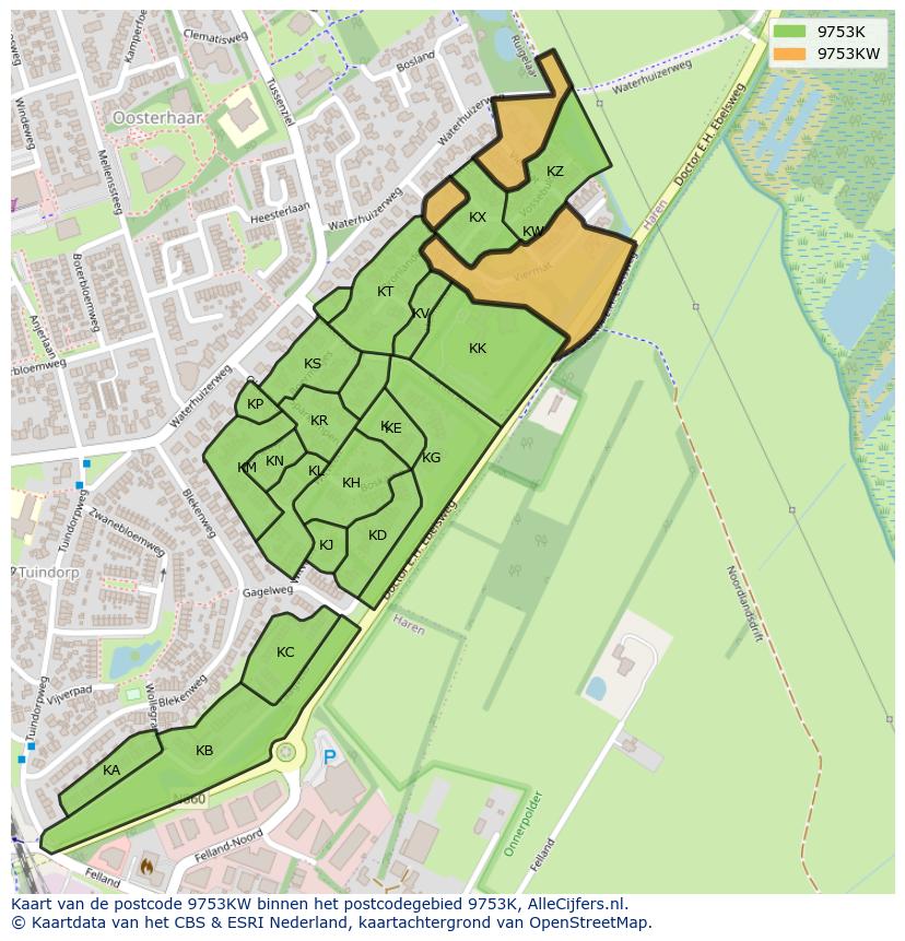 Afbeelding van het postcodegebied 9753 KW op de kaart.