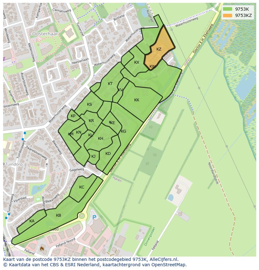 Afbeelding van het postcodegebied 9753 KZ op de kaart.