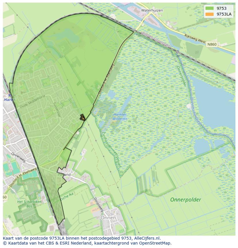 Afbeelding van het postcodegebied 9753 LA op de kaart.