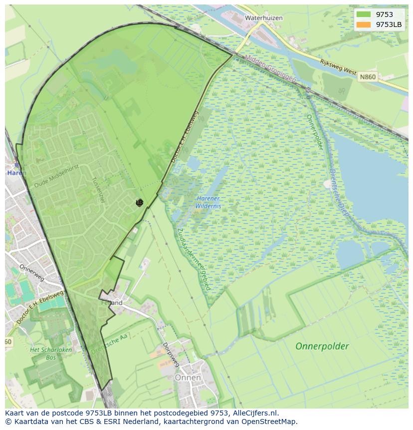 Afbeelding van het postcodegebied 9753 LB op de kaart.