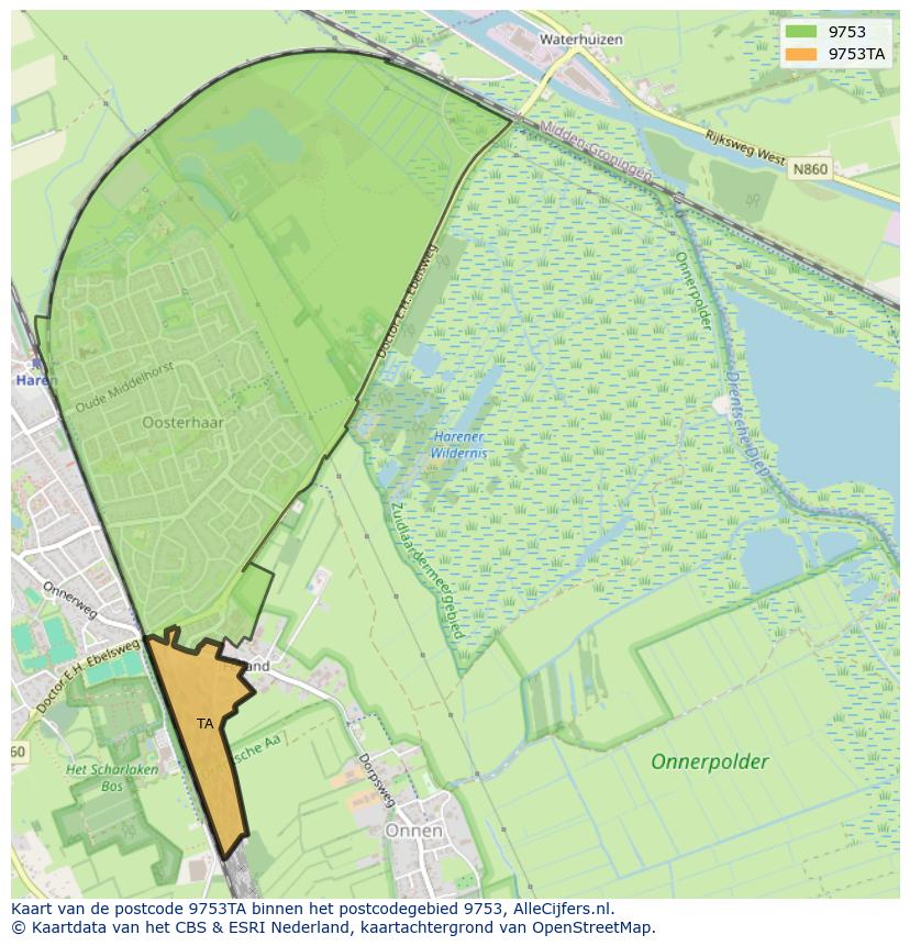 Afbeelding van het postcodegebied 9753 TA op de kaart.