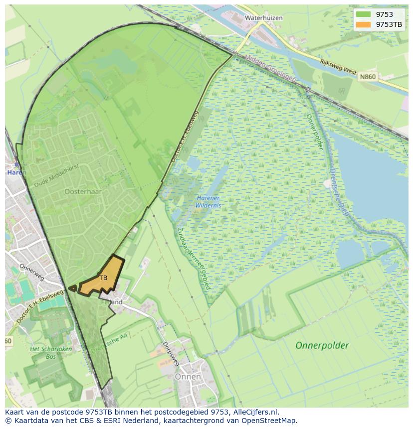 Afbeelding van het postcodegebied 9753 TB op de kaart.