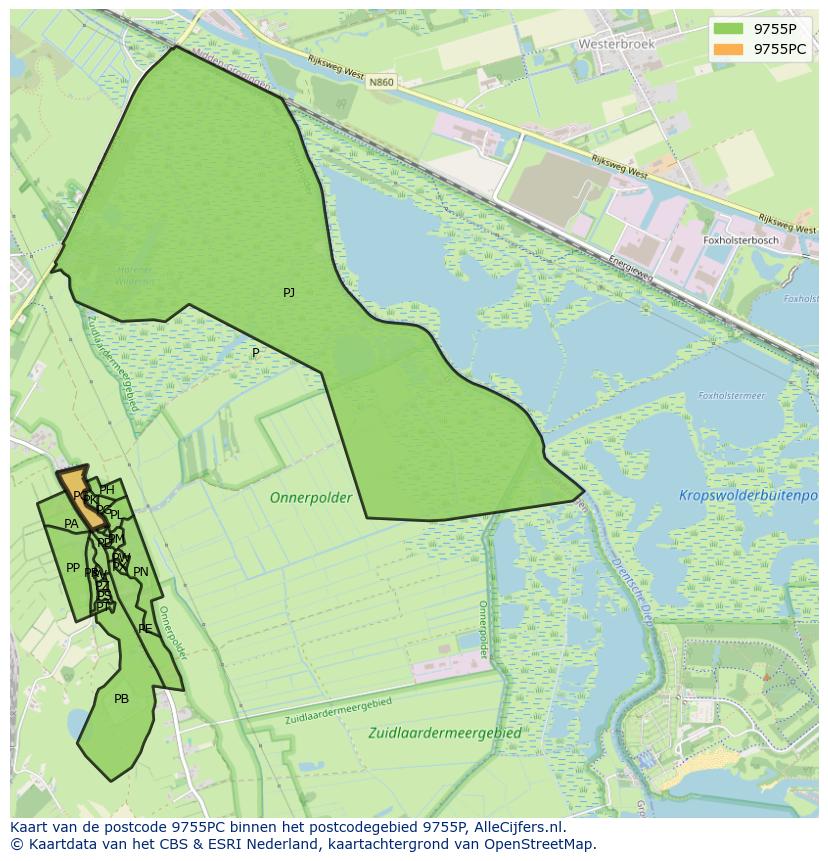 Afbeelding van het postcodegebied 9755 PC op de kaart.
