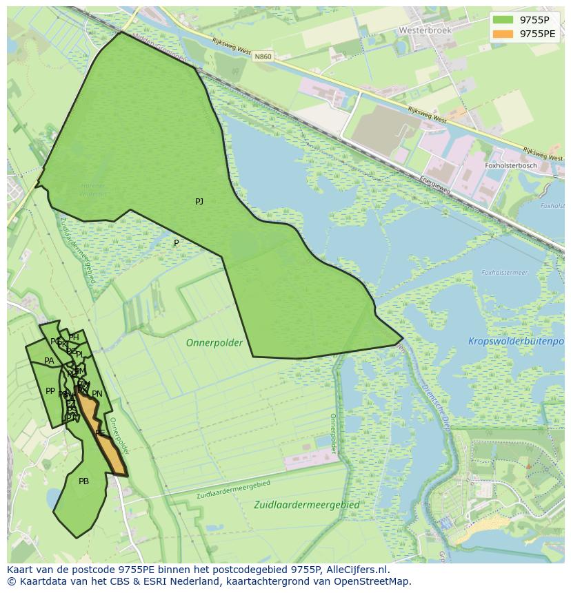 Afbeelding van het postcodegebied 9755 PE op de kaart.
