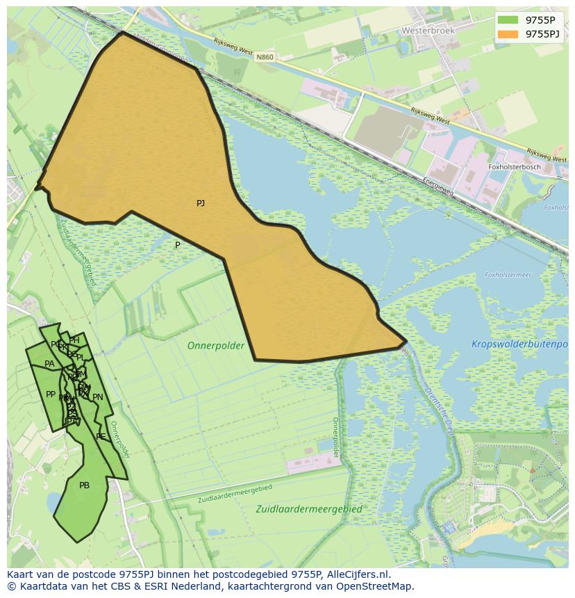 Afbeelding van het postcodegebied 9755 PJ op de kaart.