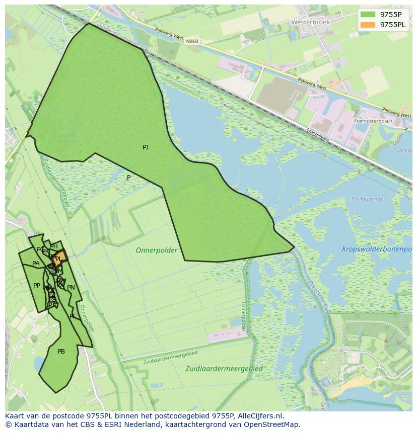 Afbeelding van het postcodegebied 9755 PL op de kaart.