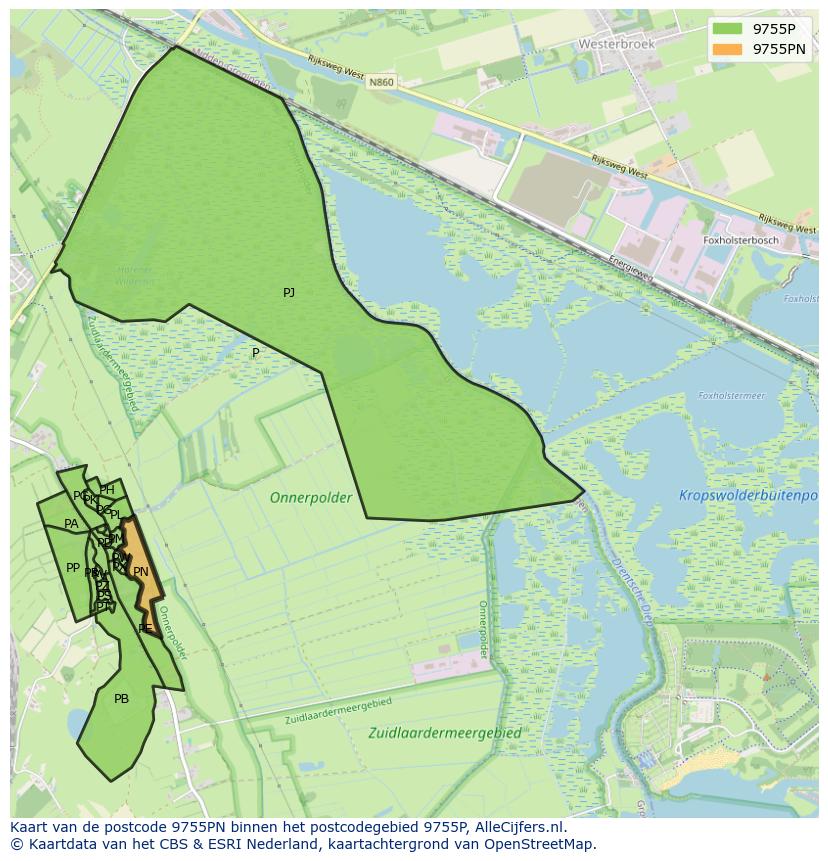 Afbeelding van het postcodegebied 9755 PN op de kaart.