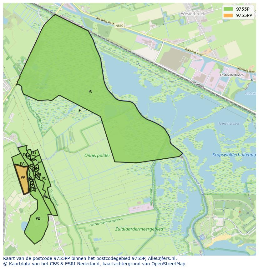 Afbeelding van het postcodegebied 9755 PP op de kaart.