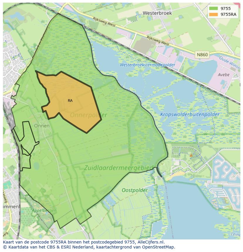 Afbeelding van het postcodegebied 9755 RA op de kaart.