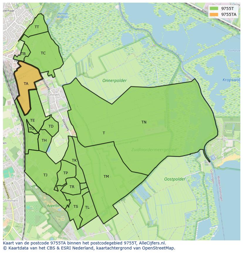 Afbeelding van het postcodegebied 9755 TA op de kaart.