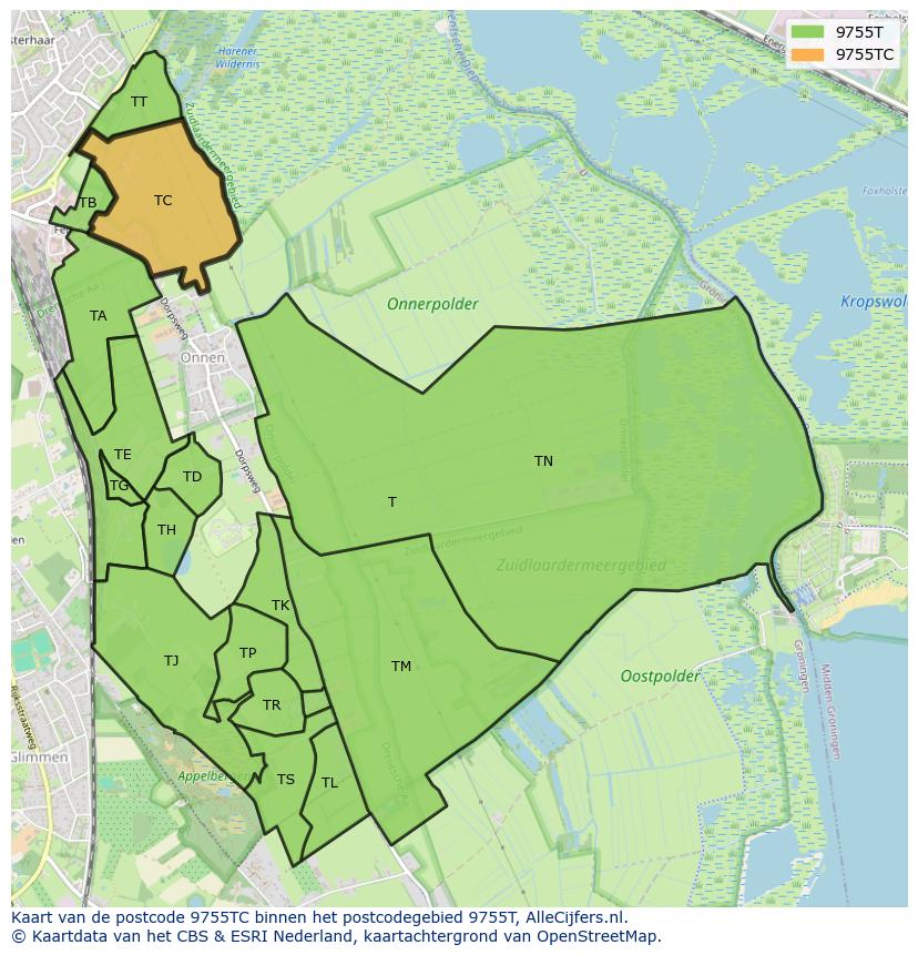 Afbeelding van het postcodegebied 9755 TC op de kaart.