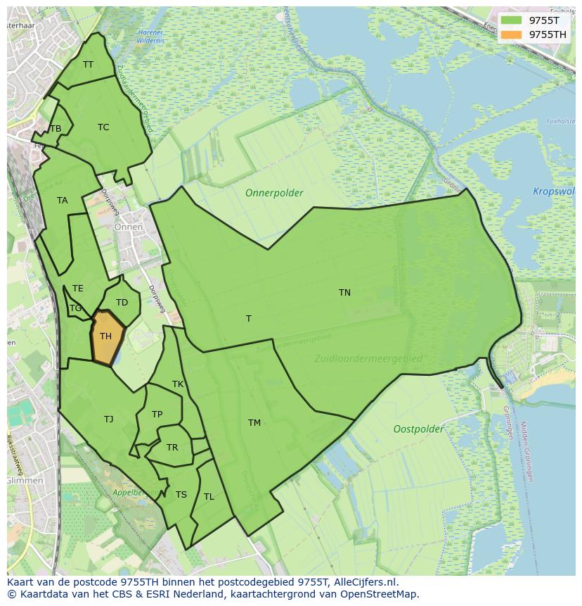 Afbeelding van het postcodegebied 9755 TH op de kaart.