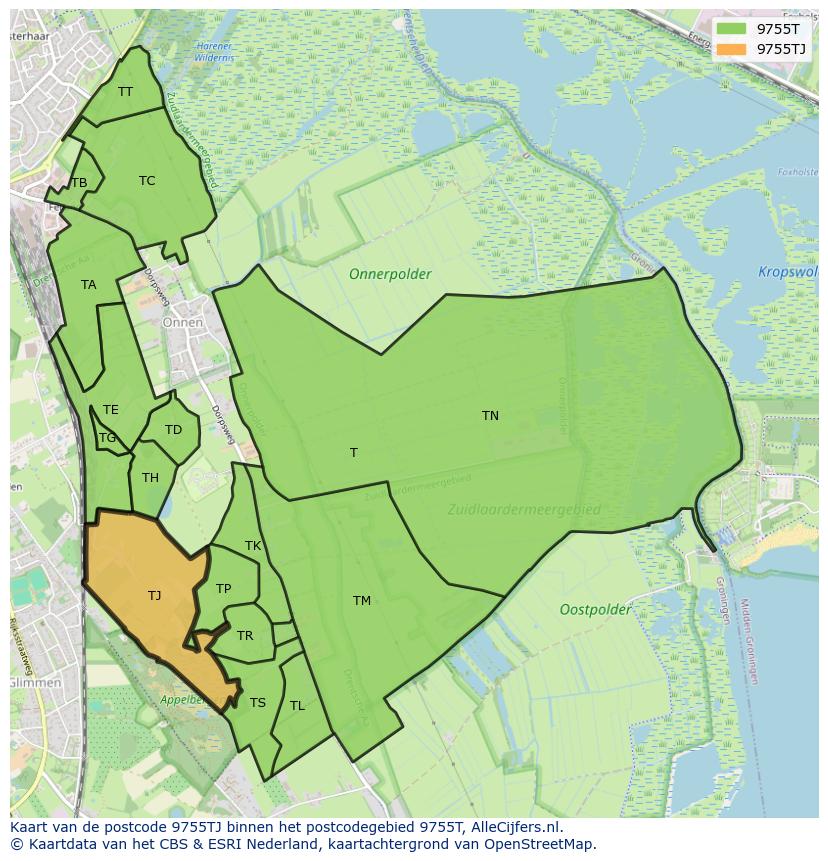 Afbeelding van het postcodegebied 9755 TJ op de kaart.