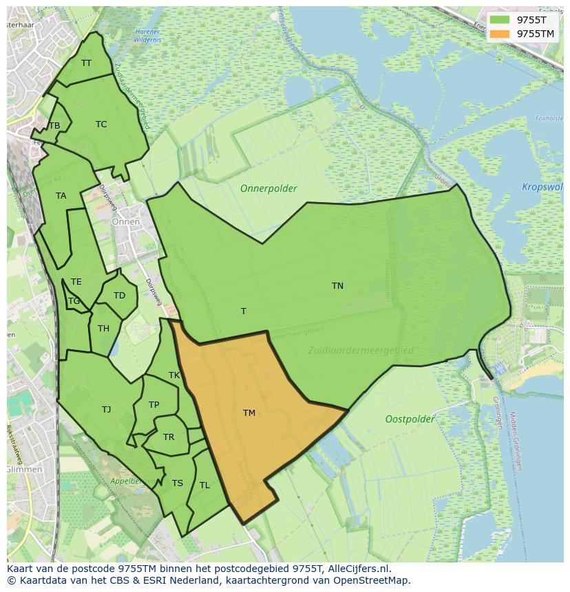 Afbeelding van het postcodegebied 9755 TM op de kaart.