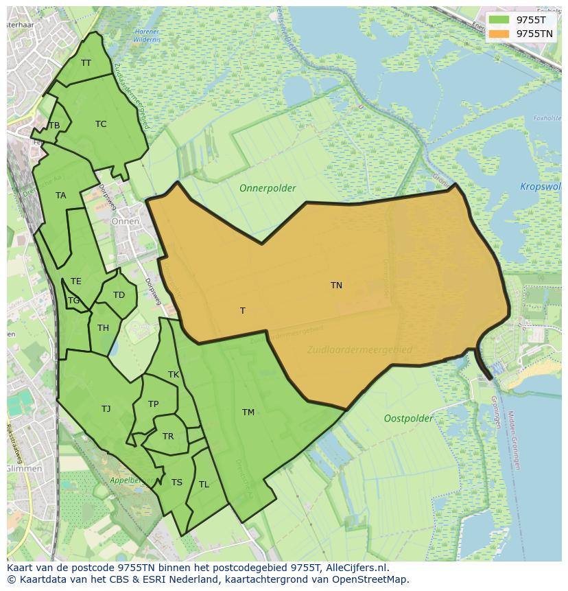 Afbeelding van het postcodegebied 9755 TN op de kaart.
