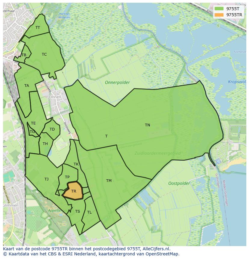 Afbeelding van het postcodegebied 9755 TR op de kaart.