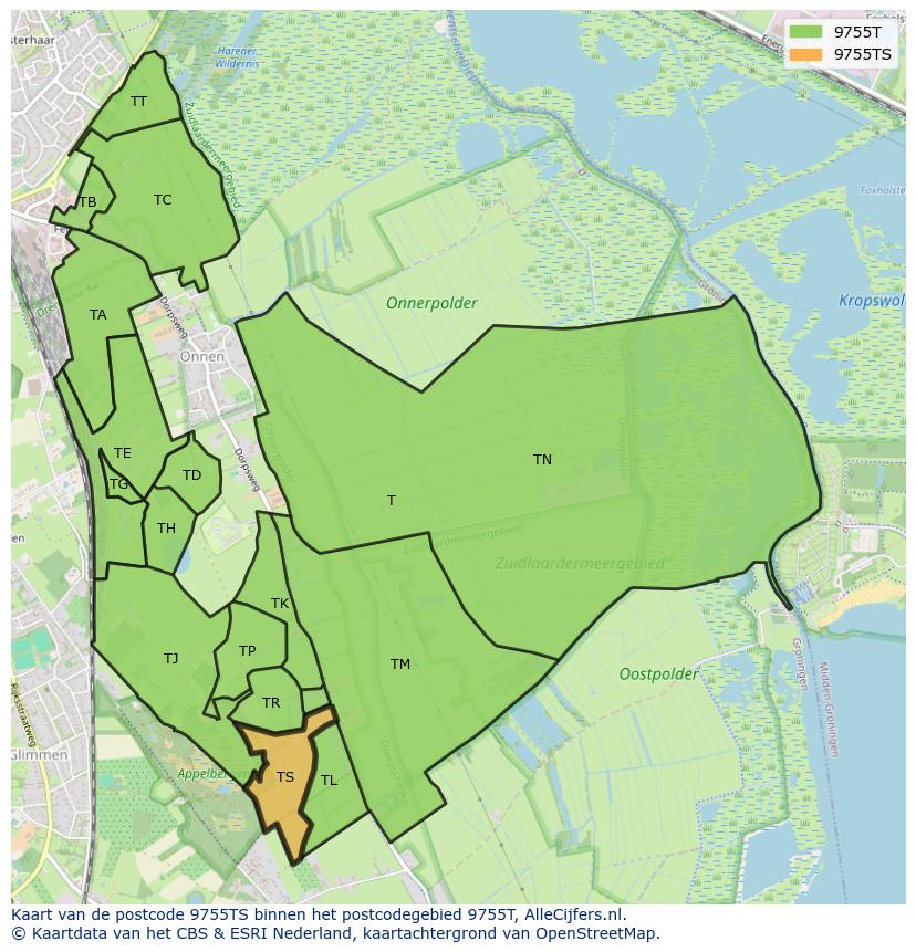 Afbeelding van het postcodegebied 9755 TS op de kaart.