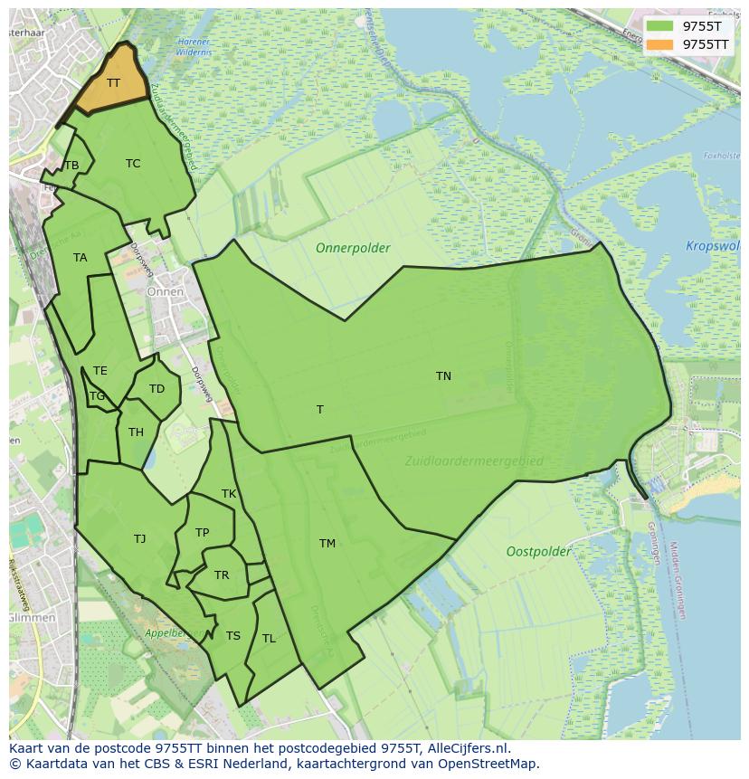 Afbeelding van het postcodegebied 9755 TT op de kaart.