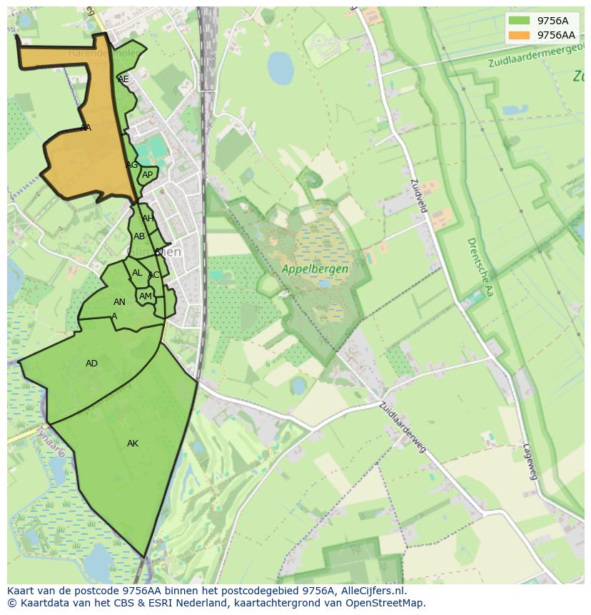 Afbeelding van het postcodegebied 9756 AA op de kaart.