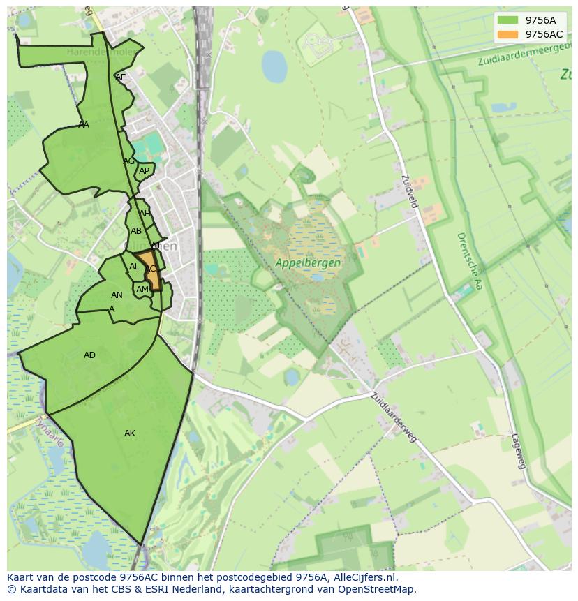 Afbeelding van het postcodegebied 9756 AC op de kaart.