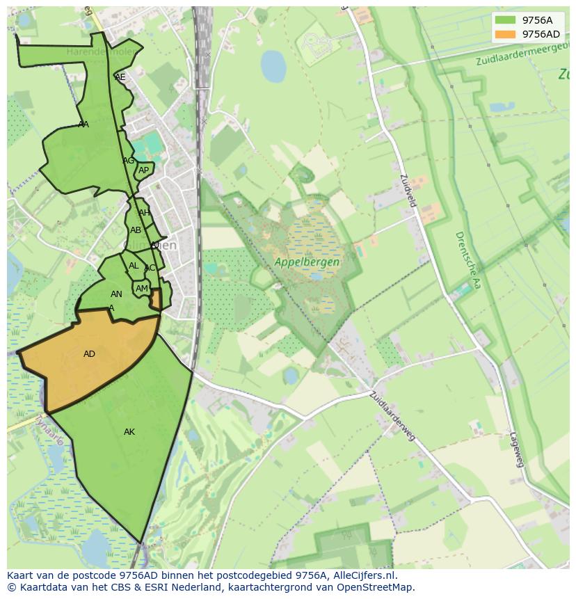 Afbeelding van het postcodegebied 9756 AD op de kaart.