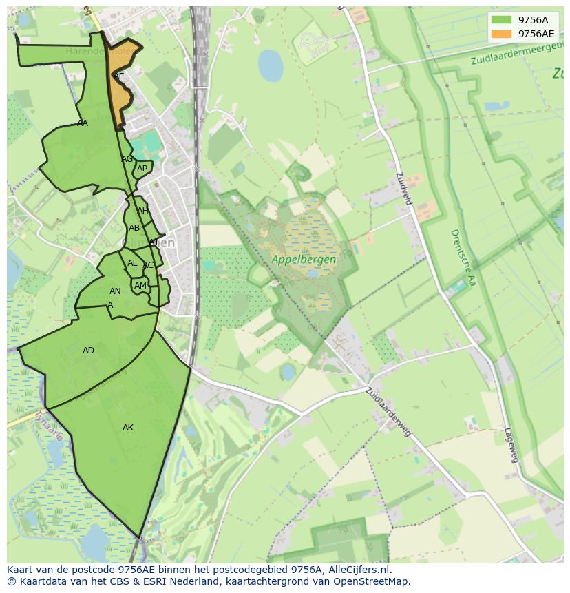 Afbeelding van het postcodegebied 9756 AE op de kaart.