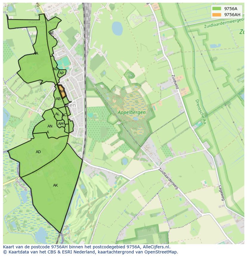 Afbeelding van het postcodegebied 9756 AH op de kaart.