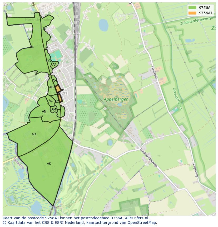 Afbeelding van het postcodegebied 9756 AJ op de kaart.