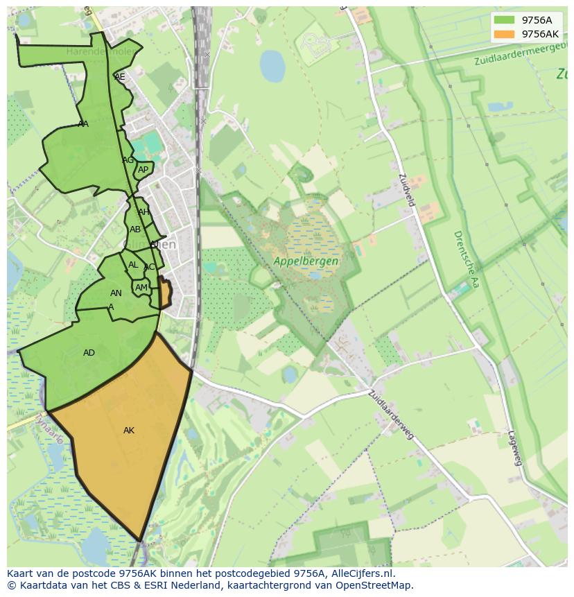 Afbeelding van het postcodegebied 9756 AK op de kaart.