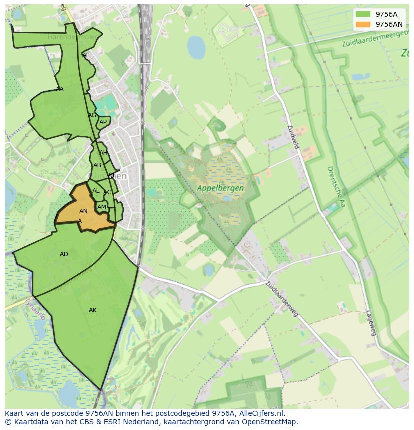 Afbeelding van het postcodegebied 9756 AN op de kaart.