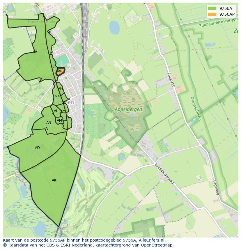 Afbeelding van het postcodegebied 9756 AP op de kaart.