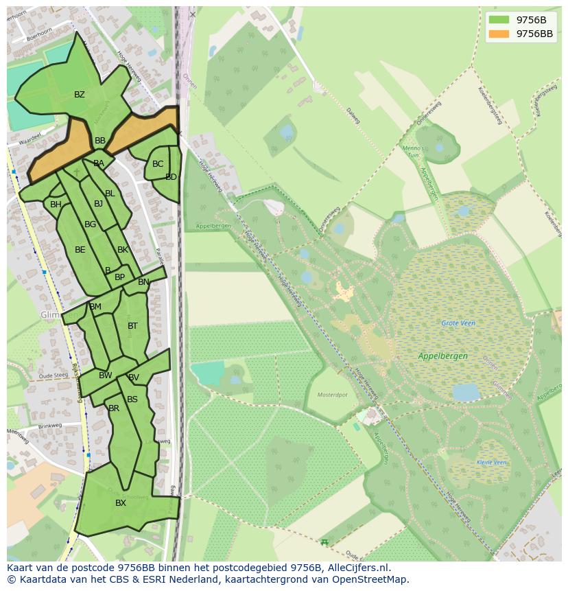 Afbeelding van het postcodegebied 9756 BB op de kaart.