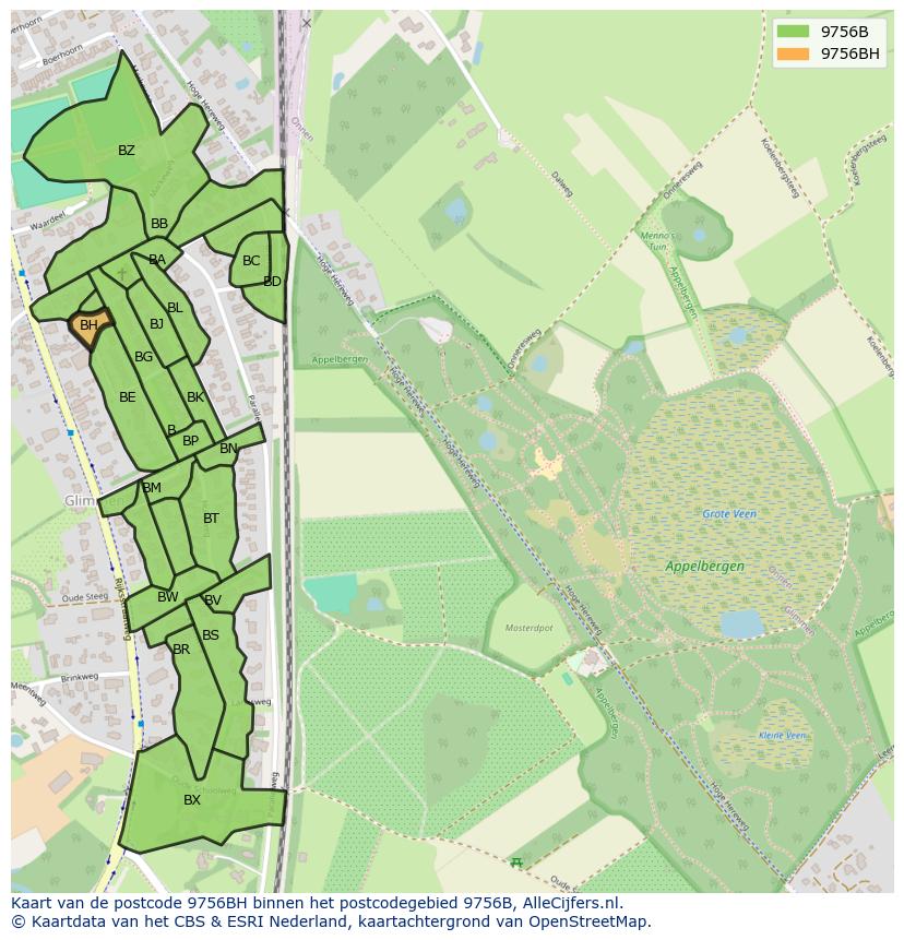 Afbeelding van het postcodegebied 9756 BH op de kaart.